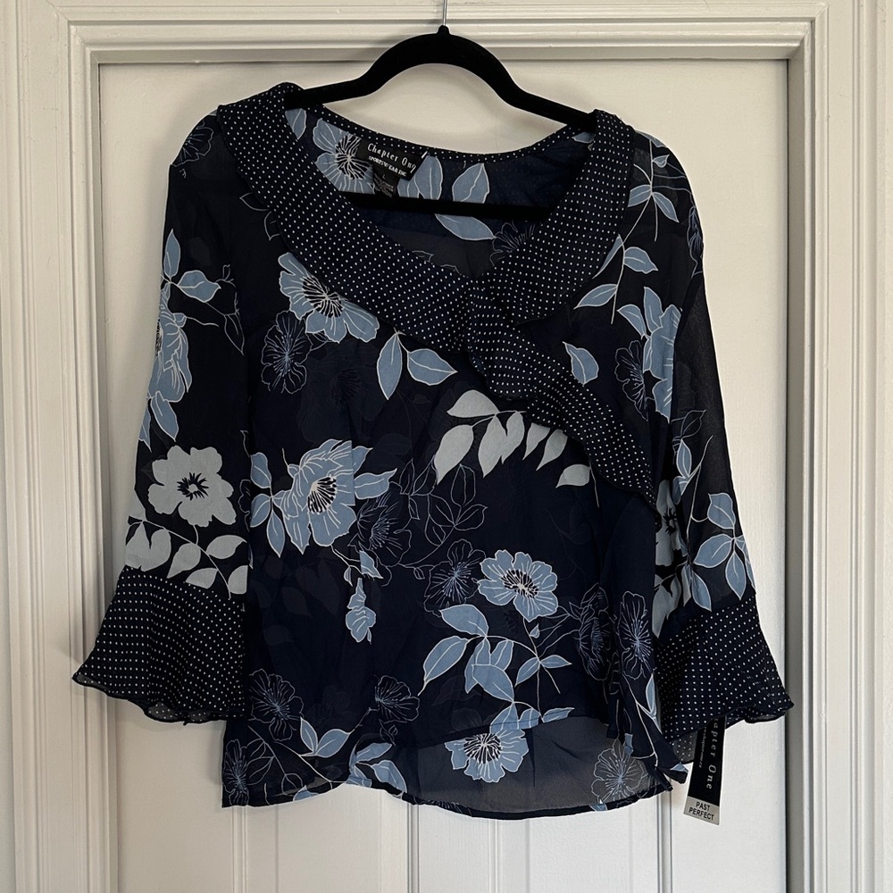Chapter One Navy Floral Ruffle-Trim Sheer Blouse Size L NWT